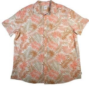 ROWM Shirt Mens XL Short Sleeve Button Up Tropical Leaf Print Orange Tan